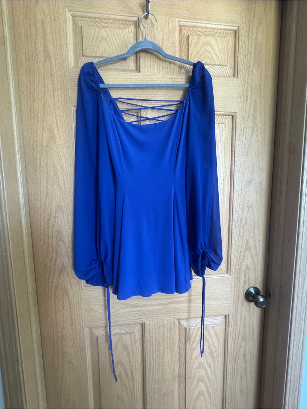 Lucy in the Sky Royal Blue Off-Shoulder Mini Dress with Lace-Up Back
